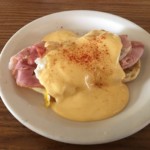 Breakfast sandwich featuring bolognaise sauce, ham, and English muffins at Village Kitchen in Angola, IN